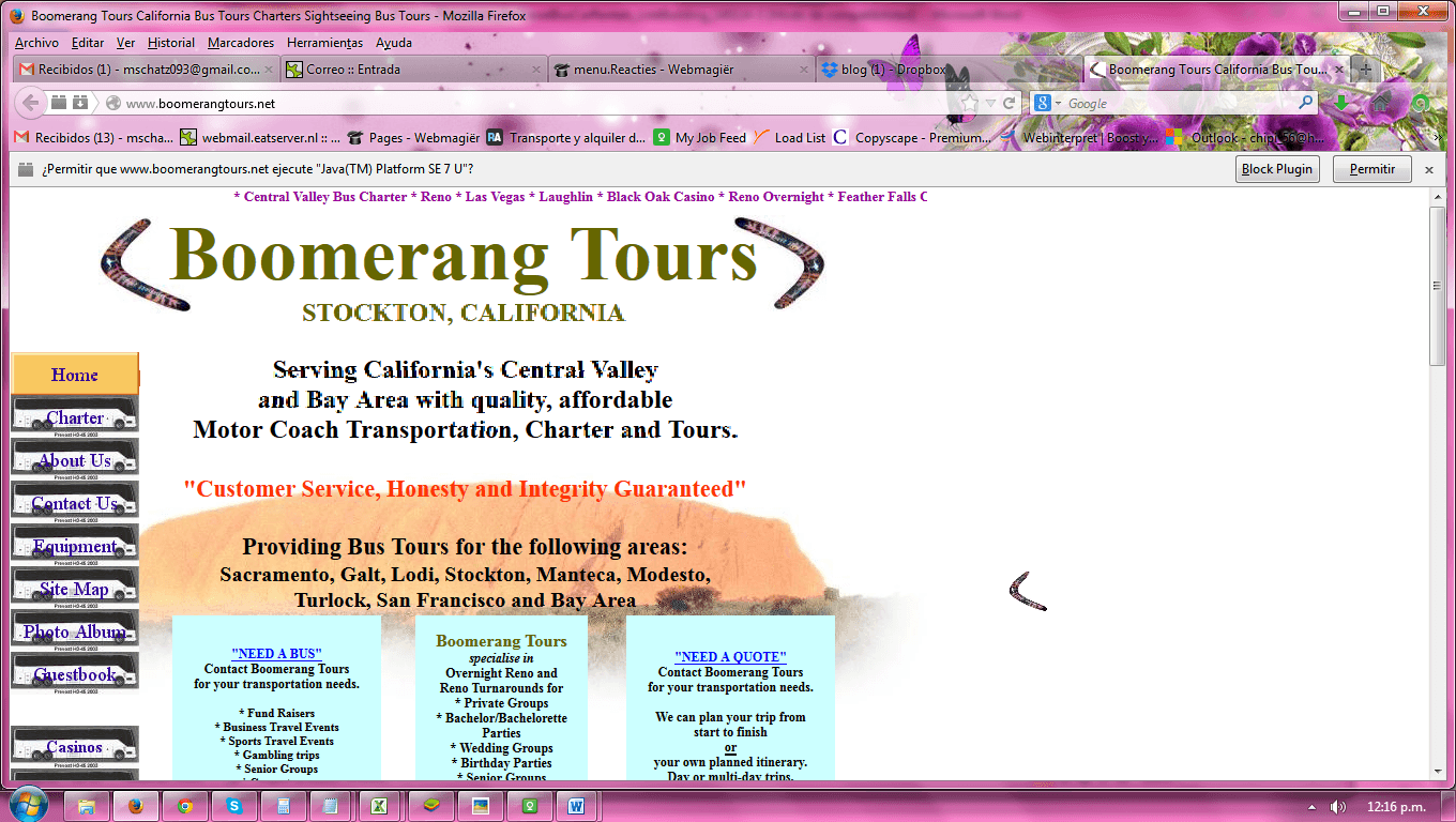 Visual of the Boomerang Tours homepage tour operater directory 