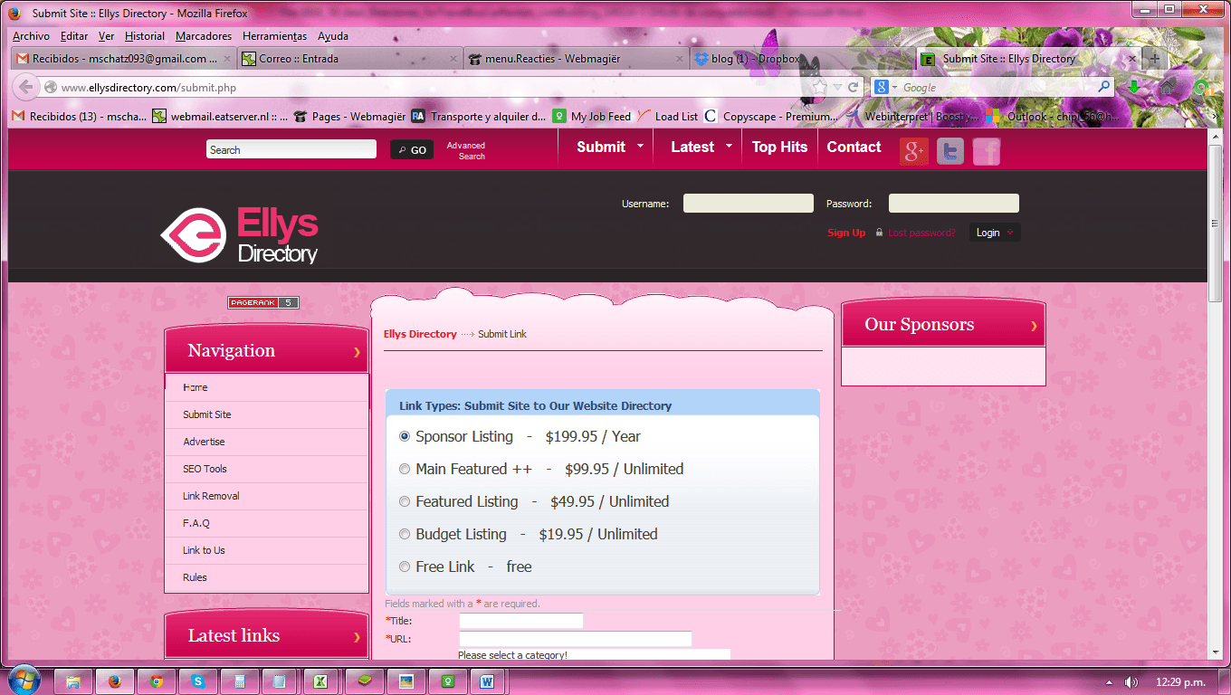A screenshot of the pink and fluffy Ellys Directory homepage 