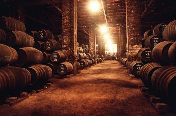 Almacenaje de barriles de vino en la profundidad de las Bodegas de vinos Alvear