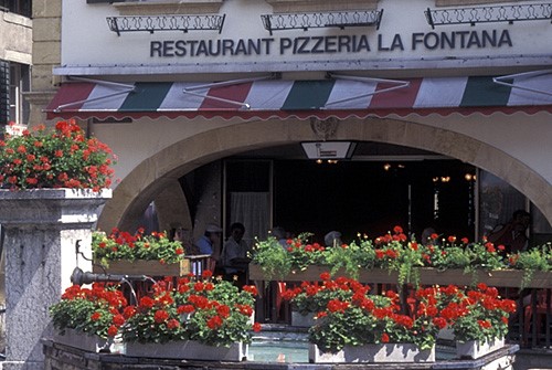 Restaurant und Pizzeria dekoriert mit hübschen Blumen