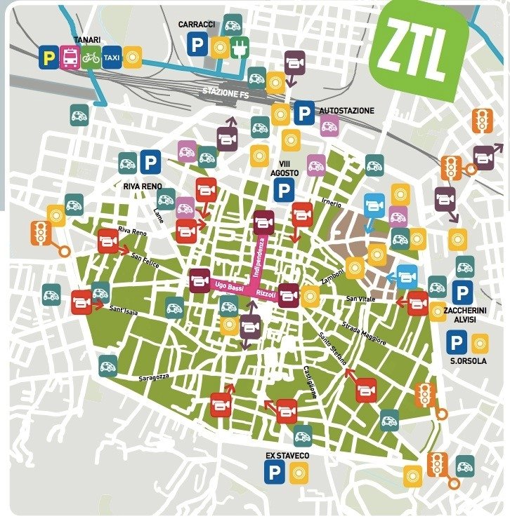 Mappa delle zone ZTL della città di Bologna