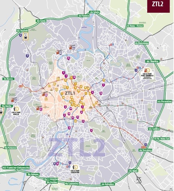 Mappa zone ZTL per bus della città di Roma
