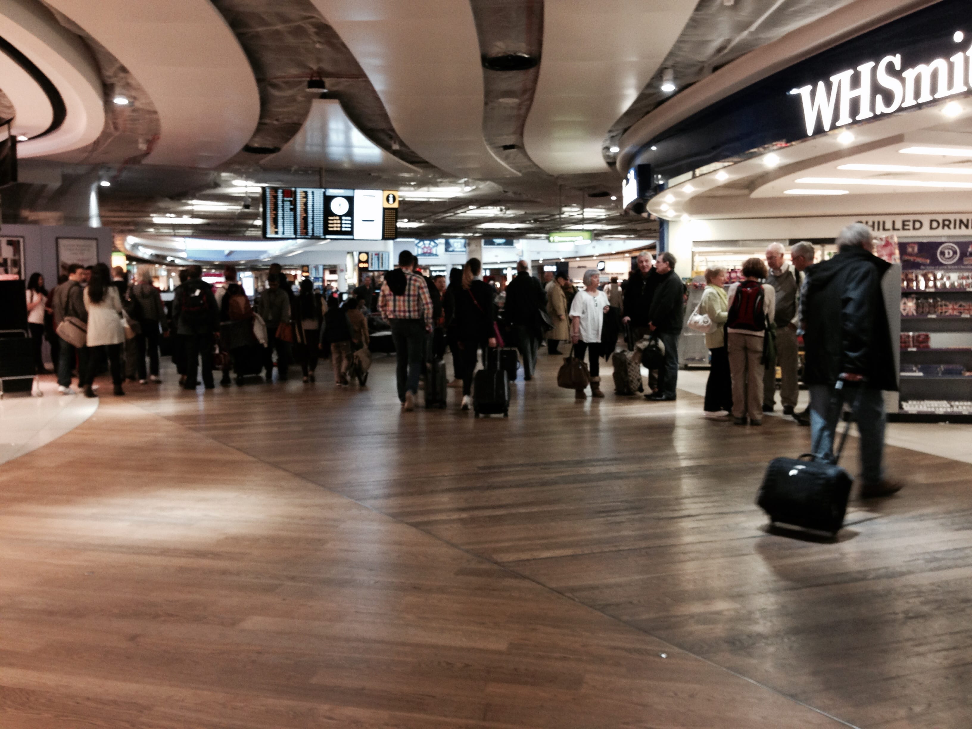 Duty free shops and a waiting area of London Heathrow Airport Terminal 3