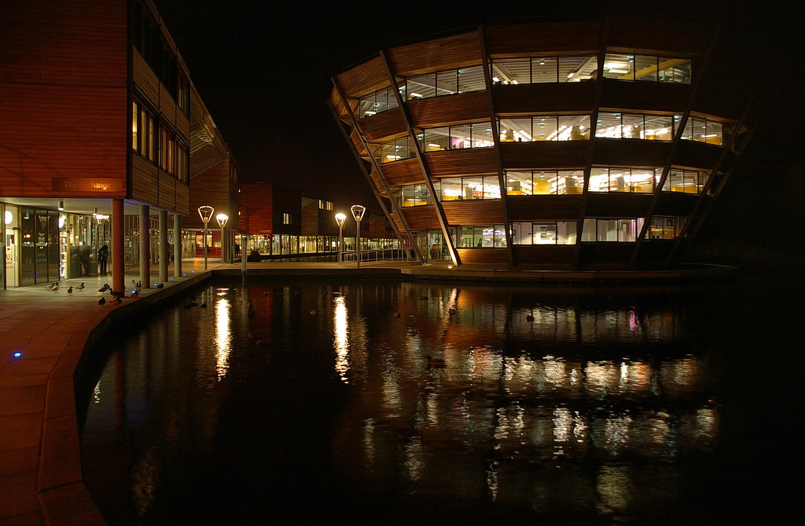 The Djanogly Library on Jubilee Campus at night