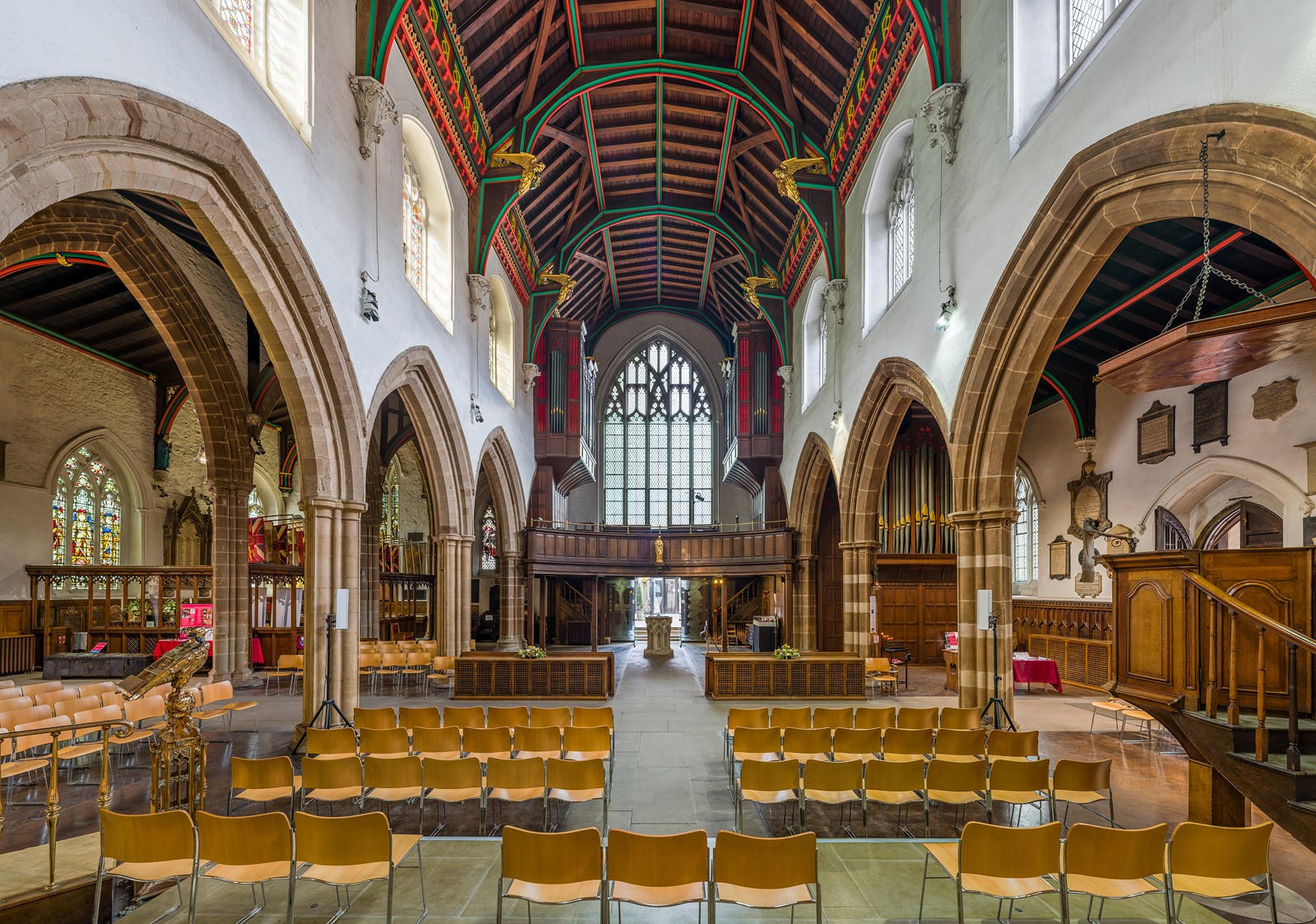 The nave of Leicester Cathedral looking west, in Leicestershire, England